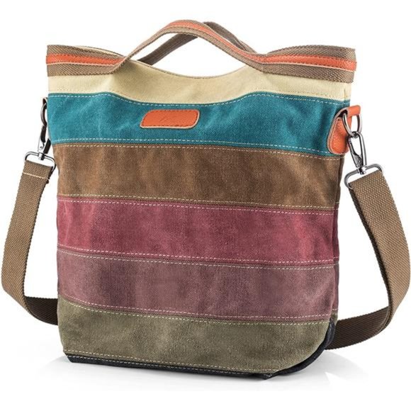 Canvas Handbag Multi-Color Striped Lattice Shoulder Purse Bag for Women - Picture 1 of 7